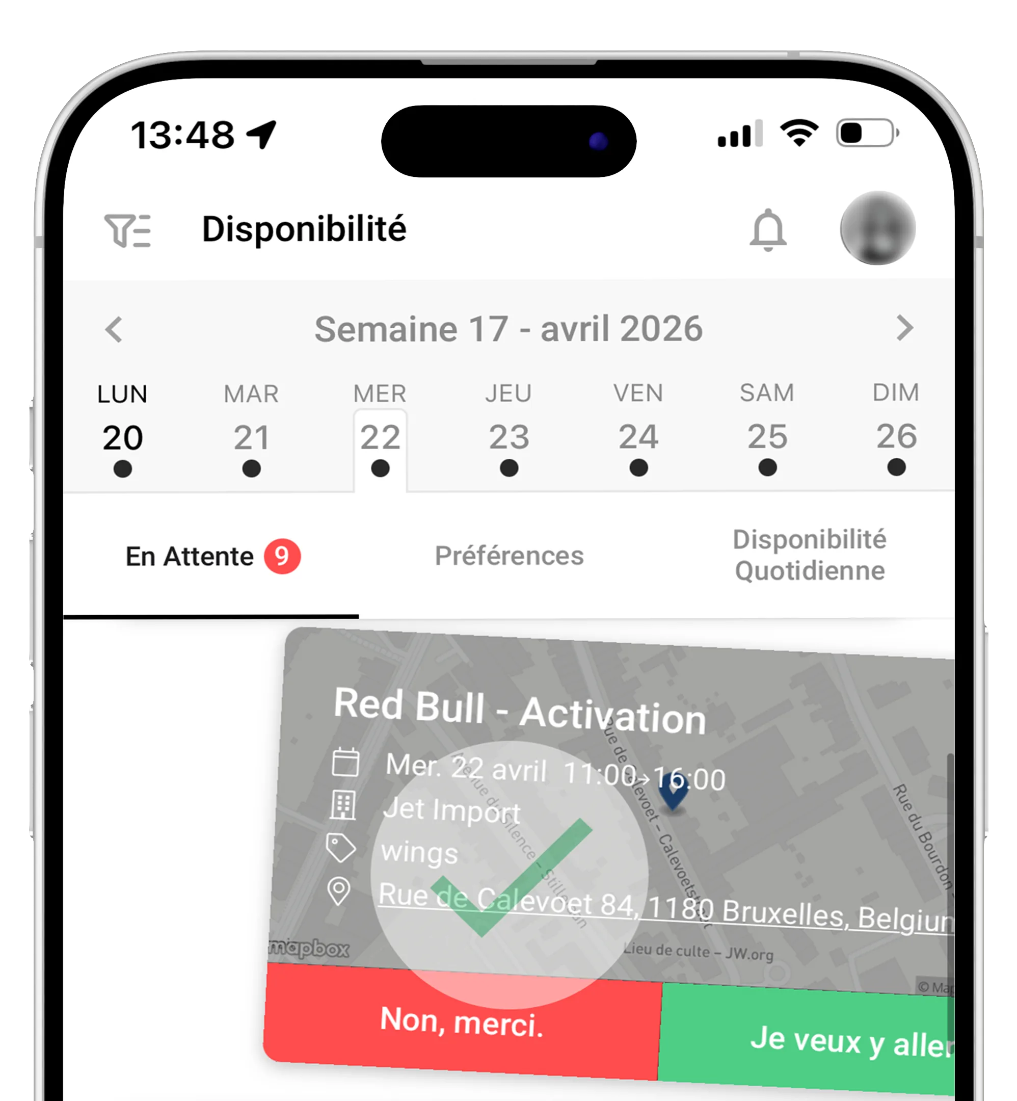 Pop Up Agency app showing an upcoming Red Bull activation to accept or decline